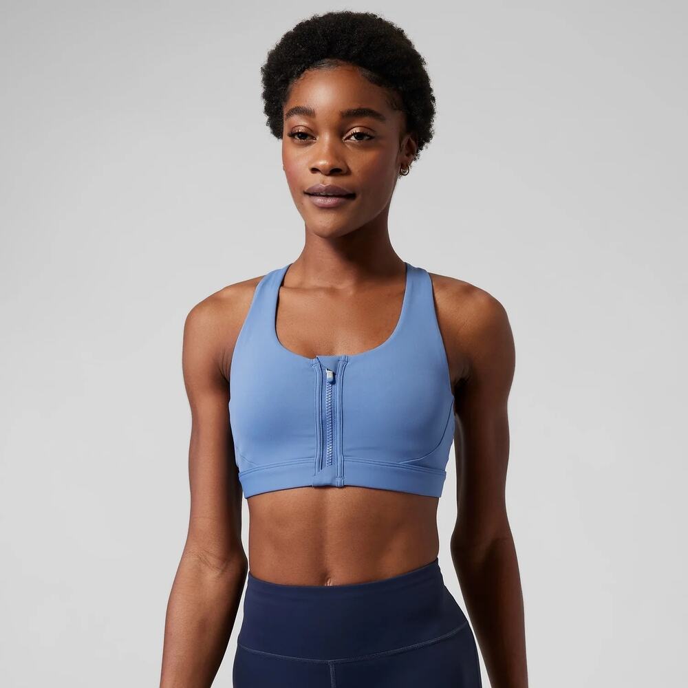 Athleta Ultimate Zip Front Cutout Racerback Sports Bra A-C Cottage Blue S